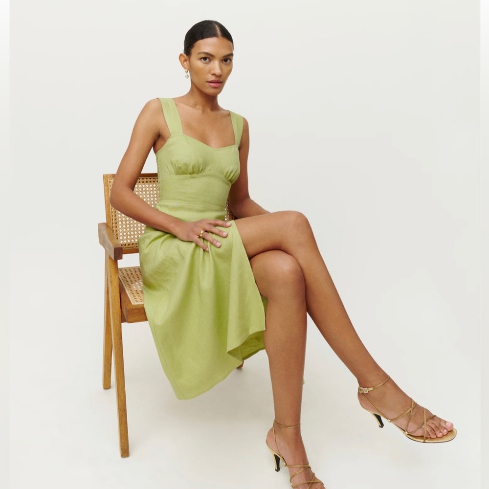 Reformation Seaside Linen Dress in avocado green - size 4